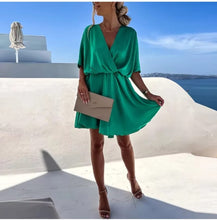 Load image into Gallery viewer, Sexy V Neck Dresses For Women Elegant Short Sleeve Solid A-line Loose Mini Dress