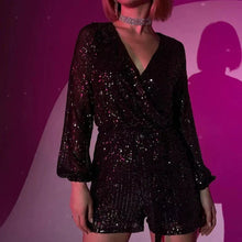 Load image into Gallery viewer, Sequined Long-Sleeve One-Piece Shorts Set