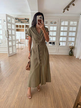 Load image into Gallery viewer, Omilika Gold Buttoned Belted Linen Dress
