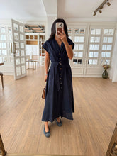 Load image into Gallery viewer, Omilika Gold Buttoned Belted Linen Dress
